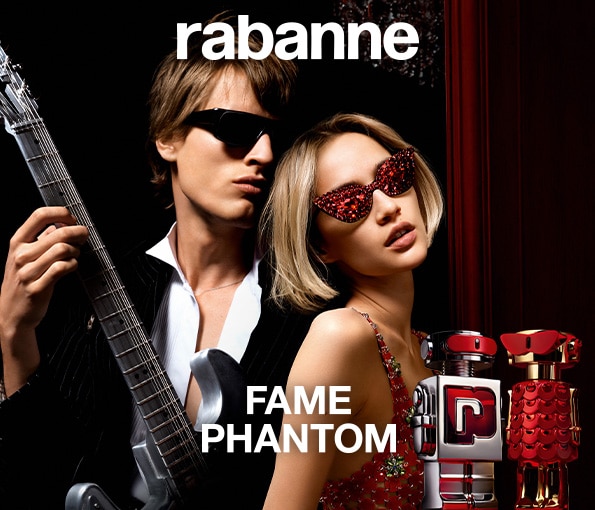 Rabanne Fame a Phantom – ikonické vůně v červených a kovových flaconech na elegantním pozadí.